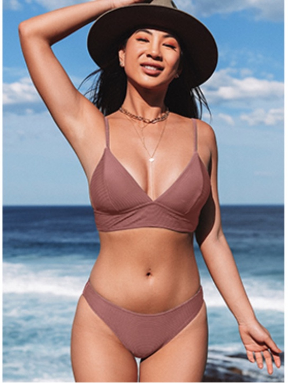 NWT Cupshe Ribbed V‑Neck Bikini in Mauve Pink